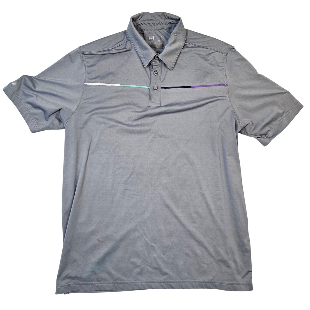 Under Armour‎ Mens XL ColdBlack HeatGear Loose Fit Gray Polo Shirt Stripe Detail